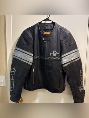 ICON Men's Black Motorcycle Jacket with Reflective Silver Stripes leather Logo